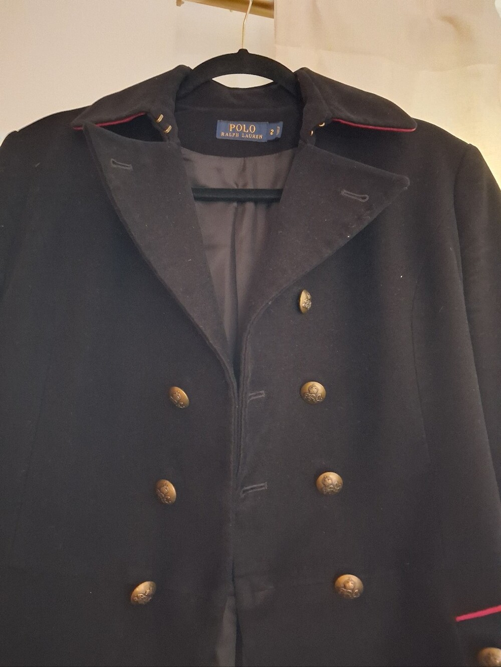 Ralph Lauren Black Double-Breasted Wool Coat with Red Piping - Picture 8 of 9